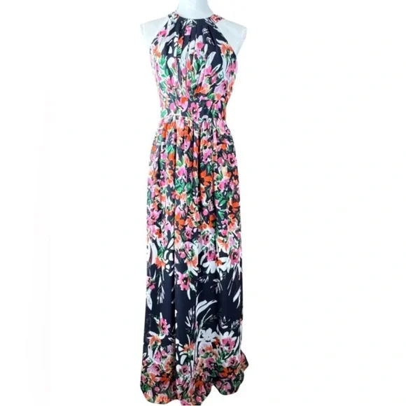 ELIZA J. Chiffon Floral Print Halter Maxi Dress, Size 4.